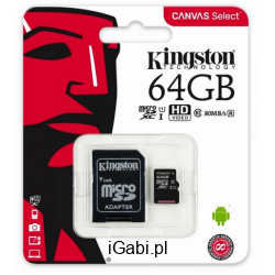 KARTA MICROSD KINGSTON 64GB CLASS10 CANVAS SELECT 80